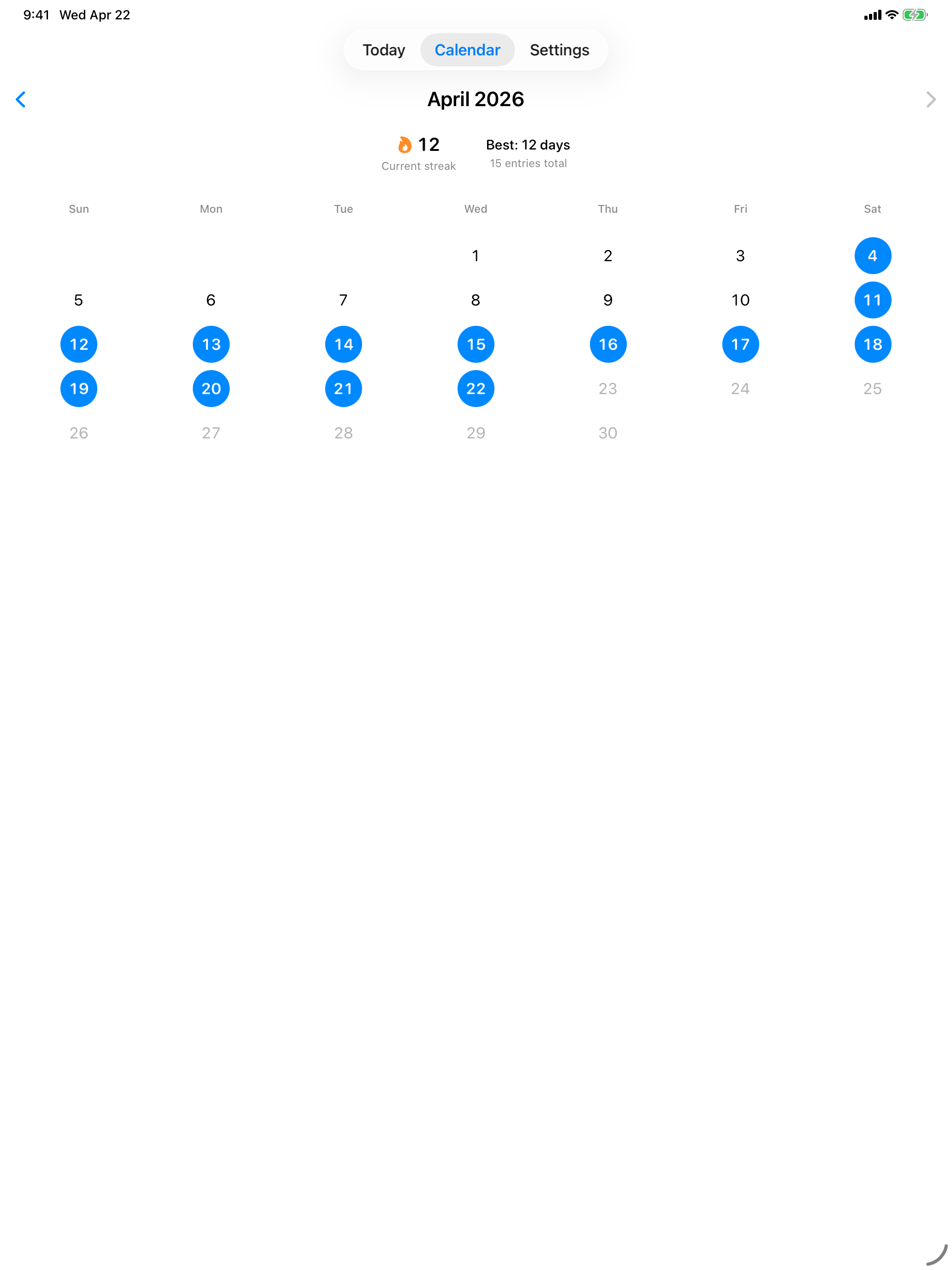 iReflection's Calendar tab showing April 2026 with filled blue dots on days the user has written and a 12-day current streak header.
